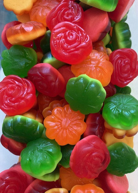 Réf DA 16 - Bonbon en forme de Fleurs mélange de saveur Citron, Fraise et Framboise gélifié, sans Gluten, Bonbon Halal - Sachet de 100 gr.