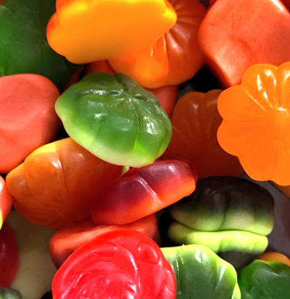Réf DA 16 - Bonbon en forme de Fleurs mélange de saveur Citron, Fraise et Framboise gélifié, sans Gluten, Bonbon Halal - Sachet de 100 gr.