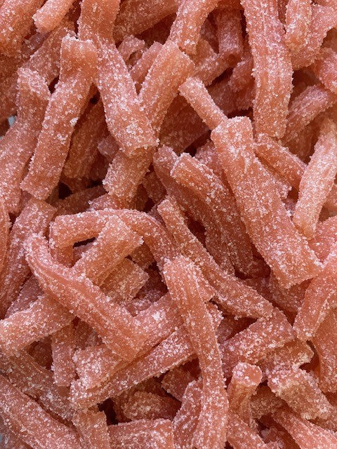 Réf DA 24 - Bonbon aux fruits en forme de frites gout Fraise acide, Bonbon Halal - Sachet de 100 gr.