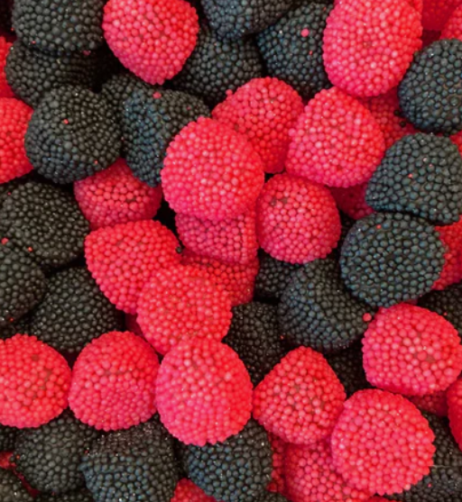 Réf DA 2 - Bonbon en forme de Baies parfum Framboise ou Mure gélifié, sans Gluten, Bonbon Halal - Sachet de 100 gr.