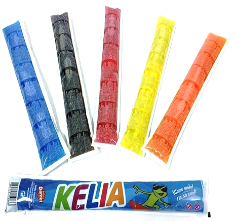 Réf DA 39 – 12 Bâtonnets de 45 Ml à glacer gout Citron, Framboise, Fraise, Orange et Cola sans gluten, Bonbon Halal - Sachet de 12 pièces.