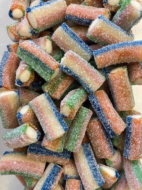 Réf DA 41 - Bonbon aux fruits en forme de mini tube Multicolor acide, Bonbon Halal - Sachet de 100 gr.