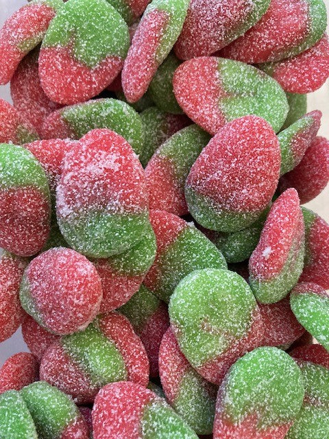 Réf DA 45 - Bonbon en forme de Fraise gout Fraise gélifié, sans Gluten, très ACIDE, Bonbon Halal - Sachet de 100 gr.