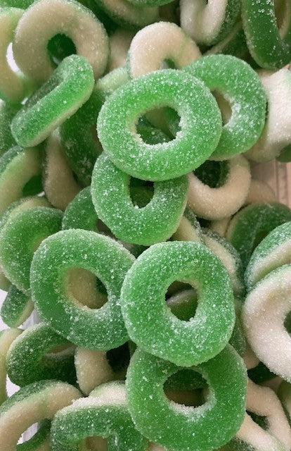 Réf DU 73 - Bonbon en forme d’Anneaux gout Pomme acide, sans Gluten, sucrées, Bonbon Halal - Sachet de 100 gr.