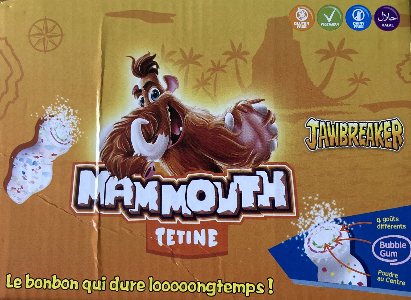 Réf ZE 75 - Bonbon Tétine de Mammouth 4 gouts différents et qui se termine par un Bubble Gum, sans Gluten, Bonbon Halal – La pièce.
