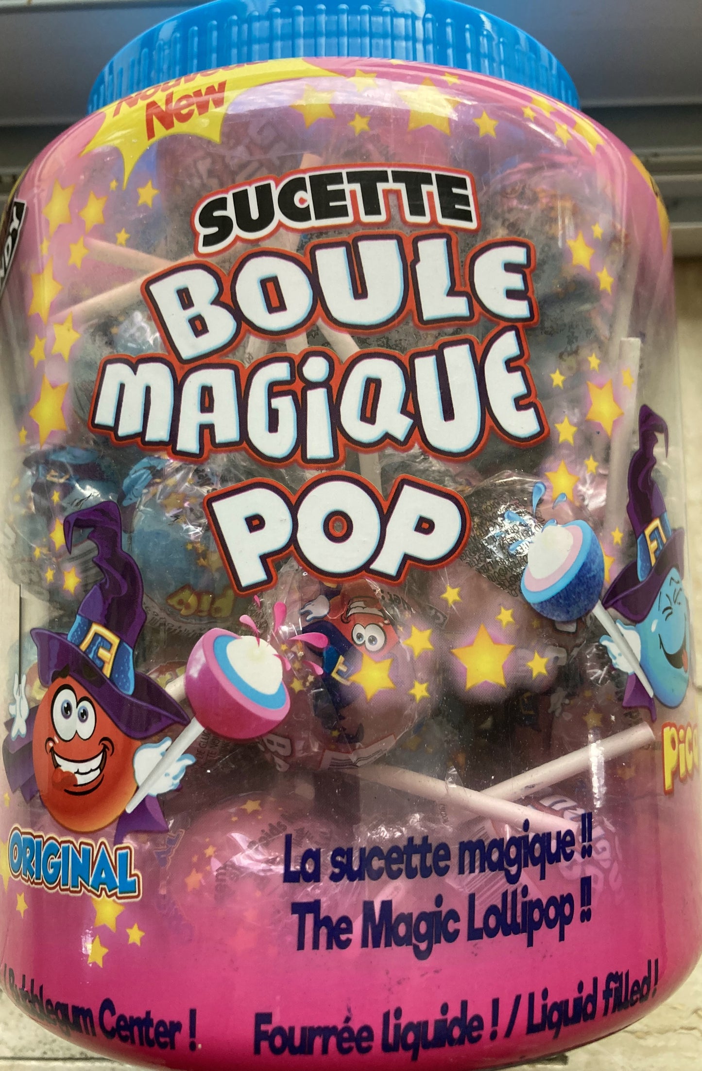 Réf ZE 76 - Bonbon Sucette Magique Pop original, 4 gouts différents qui se termine par un Bubble Gum et un Cœur liquide, Rose = Fraise/cassis cœur Citron - Bleu = Framboise Pétillante/cerise cœur cola, sans Gluten, Bonbon Halal – La pièce.