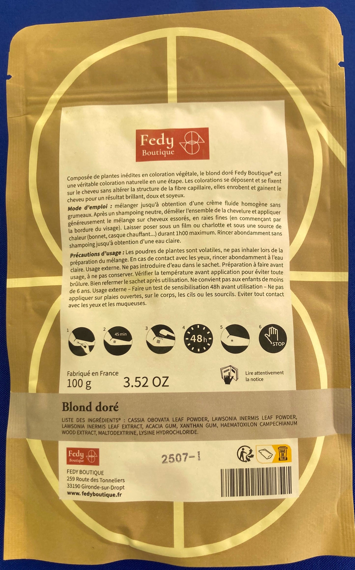 Coloration végétale BLOND DORE- Produit cosmétique - Sachet de 100 gr