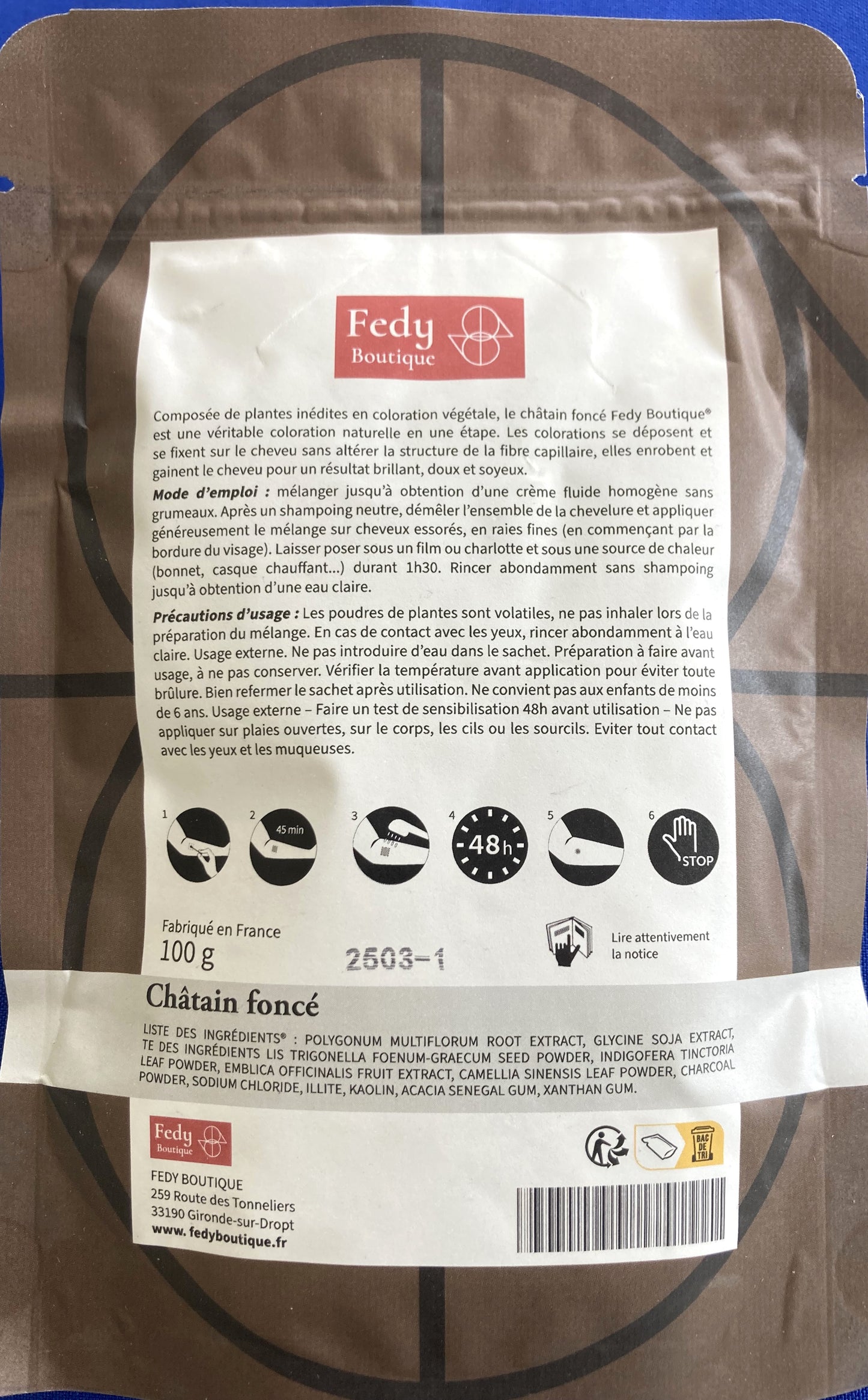 Coloration végétale CHATAIN FONCE - Produit cosmétique - Sachet de 100 gr