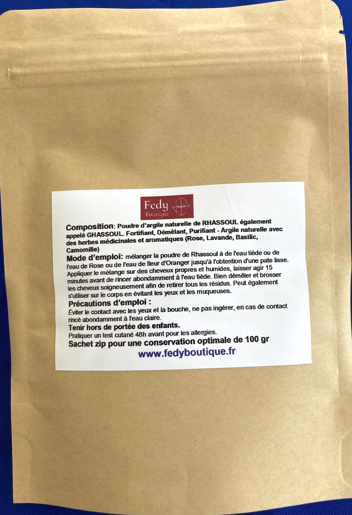 RHASSOUL DU MAROC - Produit cosmétique - Sachet Zip de 100 gr