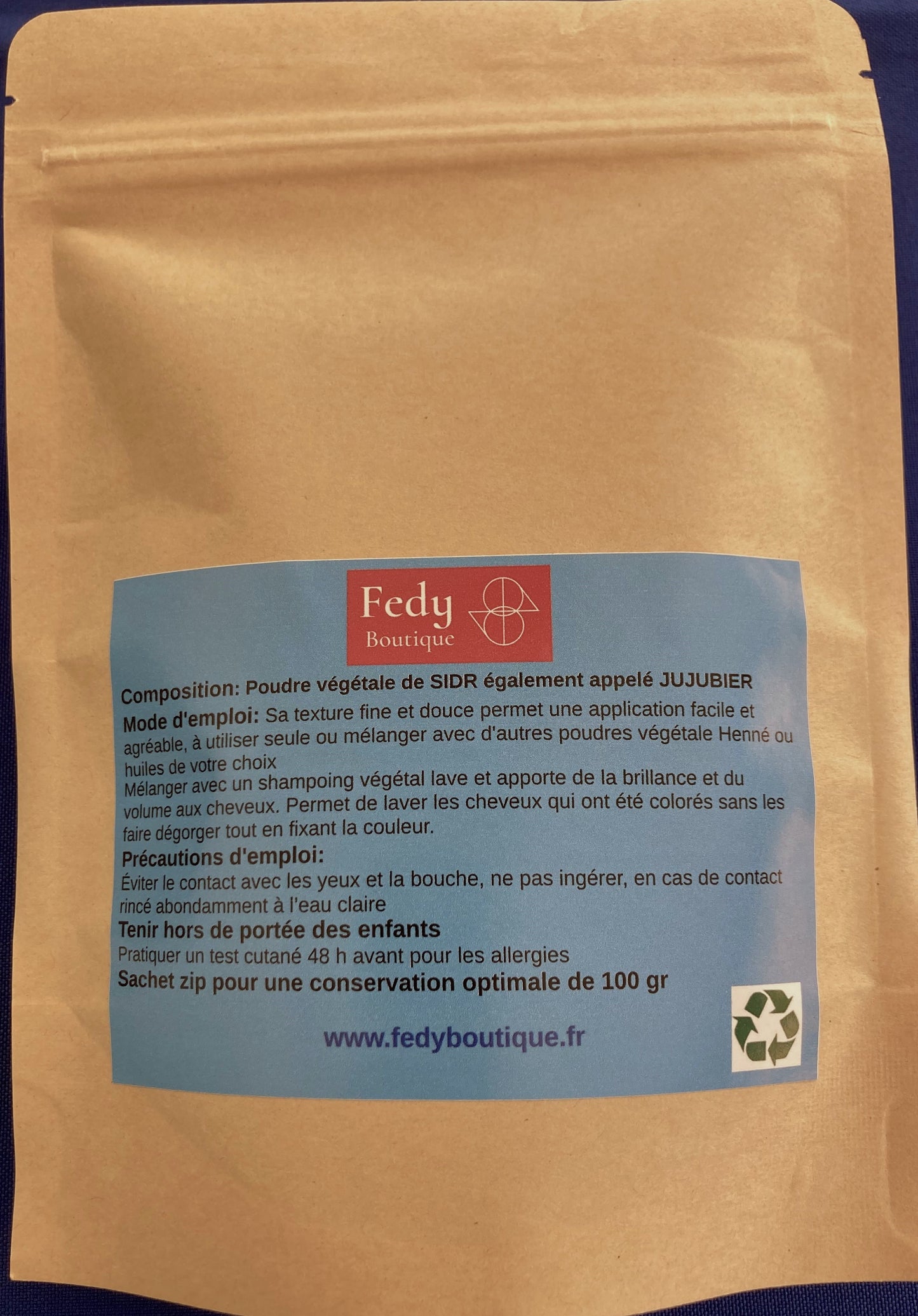 SIDR ou JUJUBIER – Produit cosmétique - Poudre de soin capillaire. Sachet de 100 gr