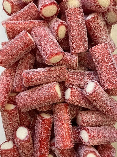 Réf DA 44 - Bonbon aux fruits en forme de mini tube gout Fraise acidulé, Bonbon Halal - Sachet de 100 gr.