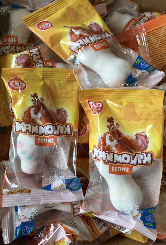 Réf ZE 75 - Bonbon Tétine de Mammouth 4 gouts différents et qui se termine par un Bubble Gum, sans Gluten, Bonbon Halal – La pièce.