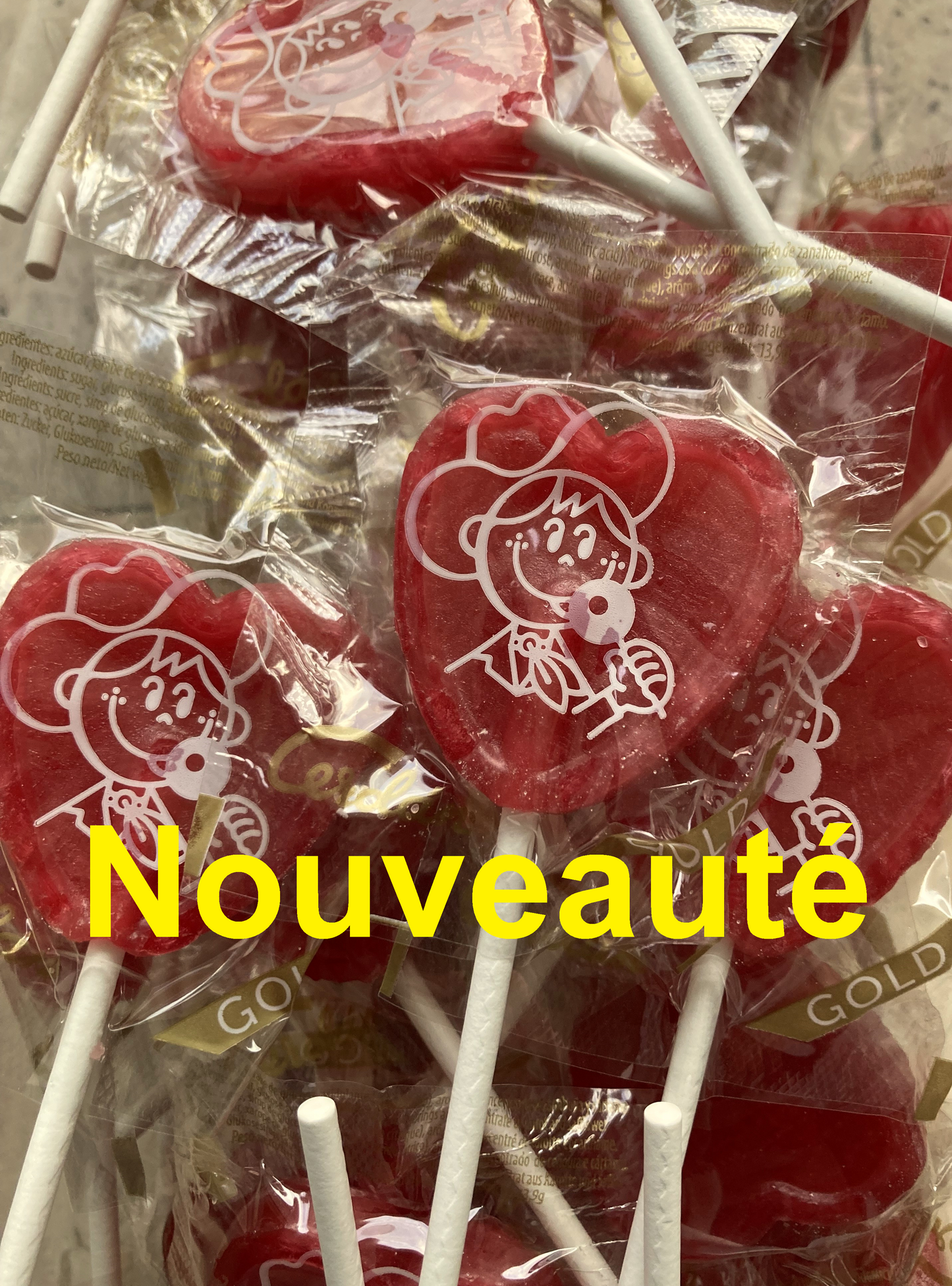 Réf  CE 77 - Bonbon Sucette Grand Cœur Rouge gout Cerise sans Gluten, Bonbon Halal – La pièce.