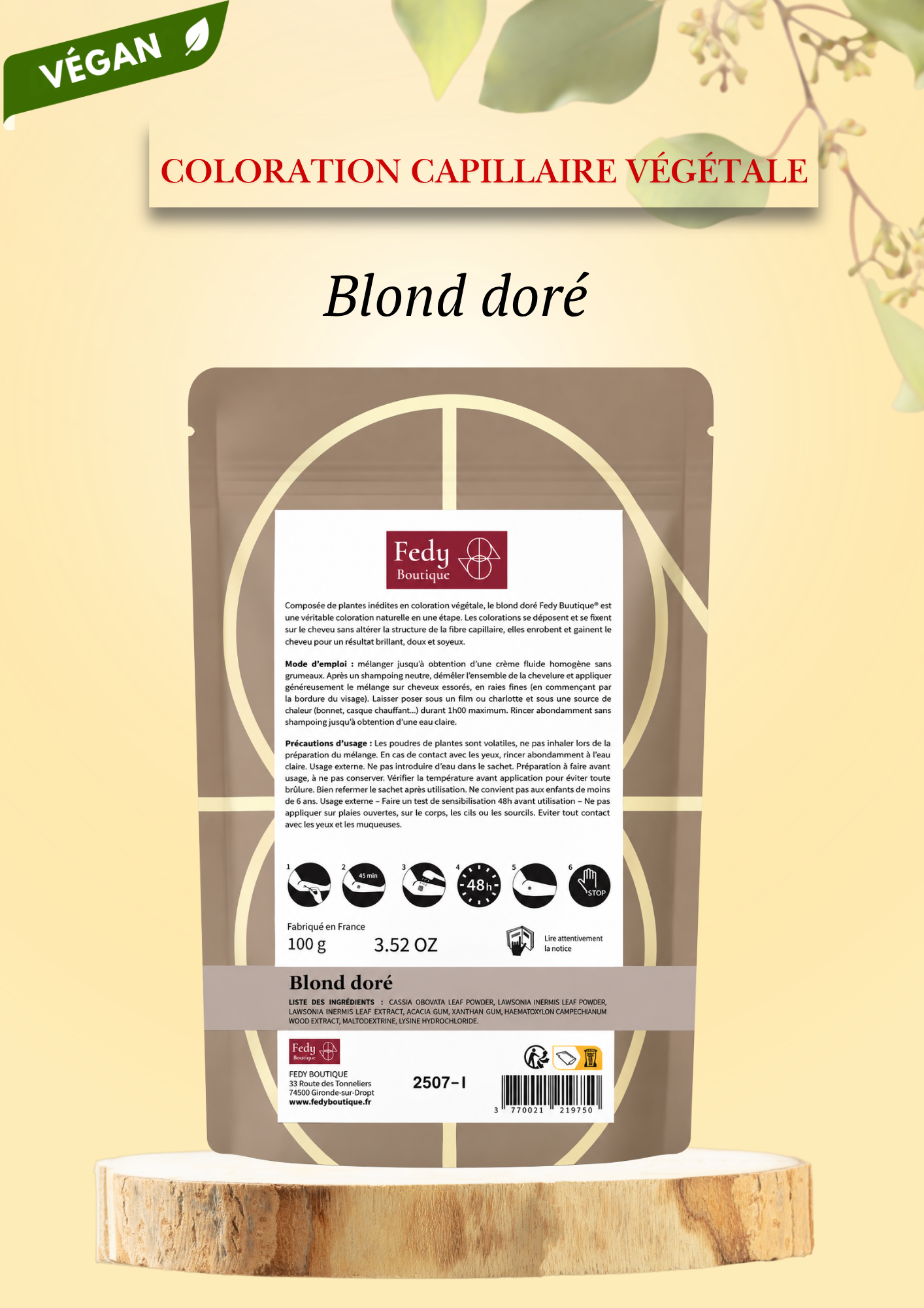 Coloration végétale BLOND DORE- Produit cosmétique - Sachet de 100 gr