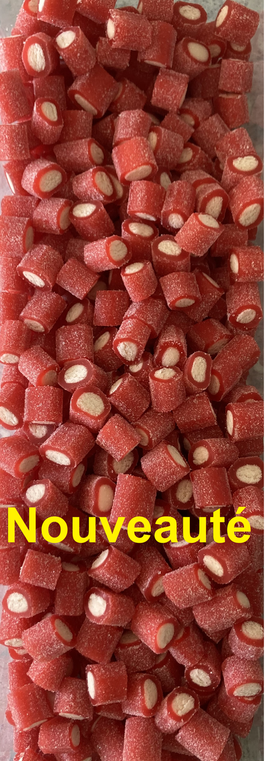 Réf DA 94 - Bonbon aux fruits en forme de Bouchée de Mini câble gout Fraise acide, Bonbon Halal - Sachet de 100 gr.