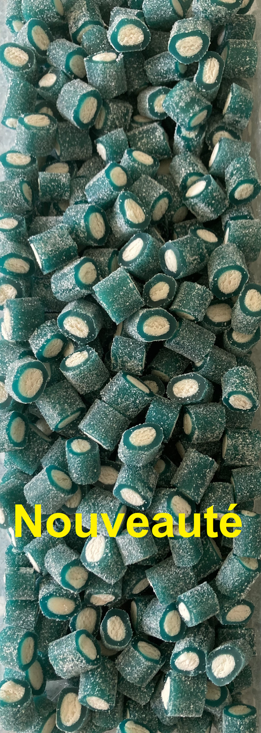 Réf DA 92 - Bonbon aux fruits en forme de Bouchée  de mini câble gout Framboise Acide, Bonbon Halal sachet de 100 gr.