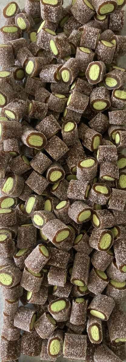 Réf DA 93 - Bonbon aux fruits en forme de Bouchée de Mini câble gout Cola Acide, Bonbon Halal - Sachet de 100 gr.