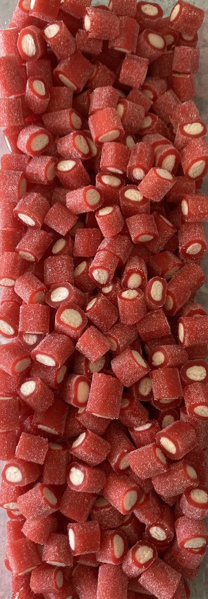 Réf DA 94 - Bonbon aux fruits en forme de Bouchée de Mini câble gout Fraise acide, Bonbon Halal - Sachet de 100 gr.