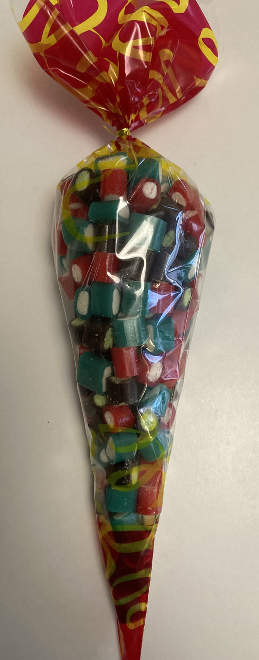 Réf B9 99 – Box 9 - Bonbon aux fruits en forme de Bouchée de Mini Câble gout Framboise, Cola et Fraise, Bonbon Halal sachet de 600 gr.