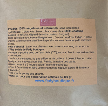 Coloration végétale Chatain Naturel – Produit cosmétique - Poudre de soin capillaire. Sachet de 100 gr