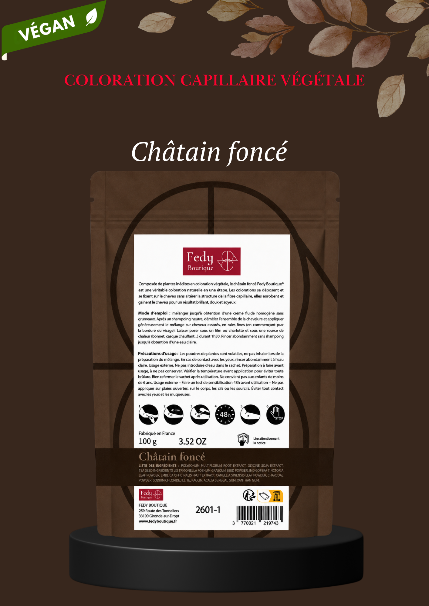 Coloration végétale CHATAIN FONCE - Produit cosmétique - Sachet de 100 gr