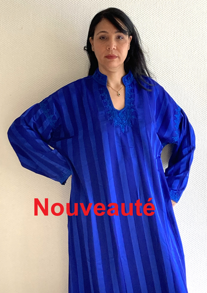 ARRIVAGE GANDOURA B - Vêtement traditionnel féminin Marocain col officier - Coloris Rayure Bleu Roi