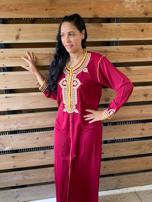 GANDOURA Marocaine M - Vêtement traditionnel féminin - Coloris Rouge Bordeaux - Promo