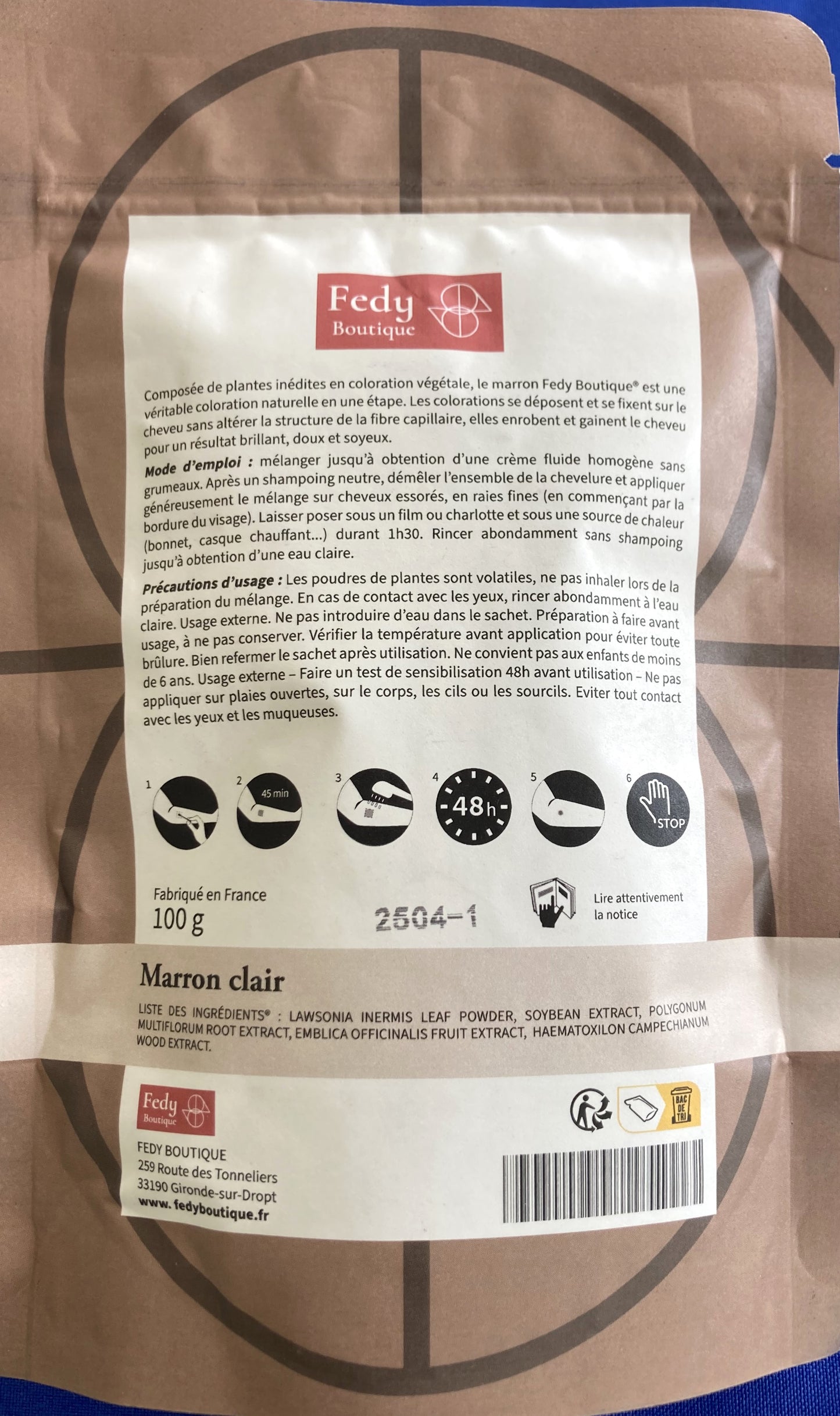 Coloration végétale MARRON CLAIR- Produit cosmétique - Sachet de 100 gr