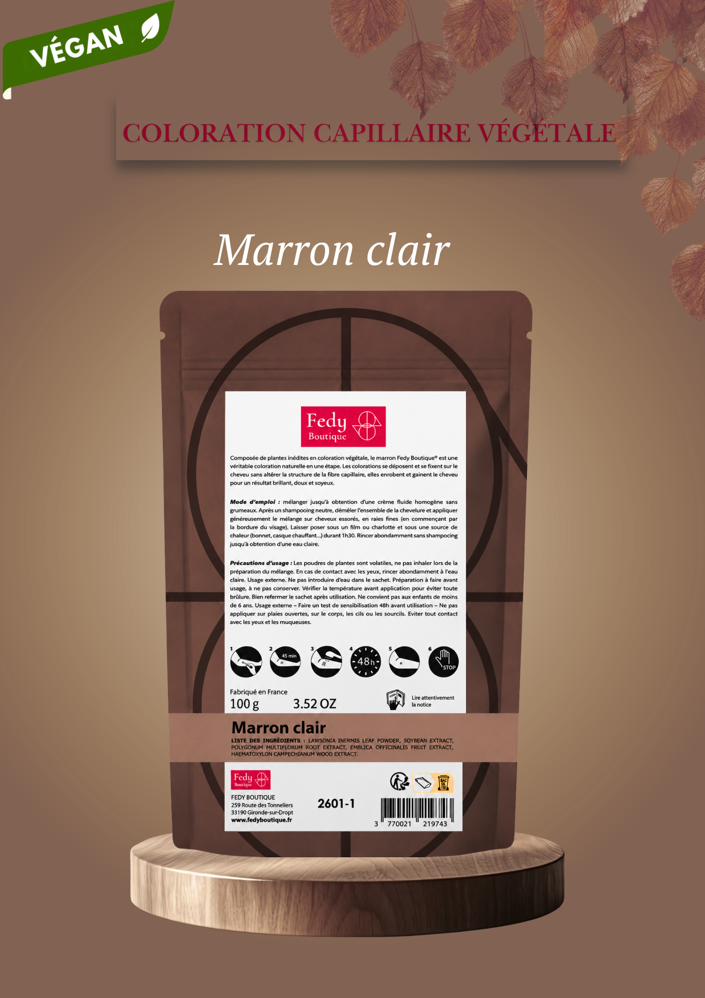 Coloration végétale MARRON CLAIR- Produit cosmétique - Sachet de 100 gr