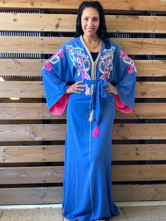 CAFTAN Marocain - Vêtement traditionnel féminin - Coloris Bleu Jean - Promo