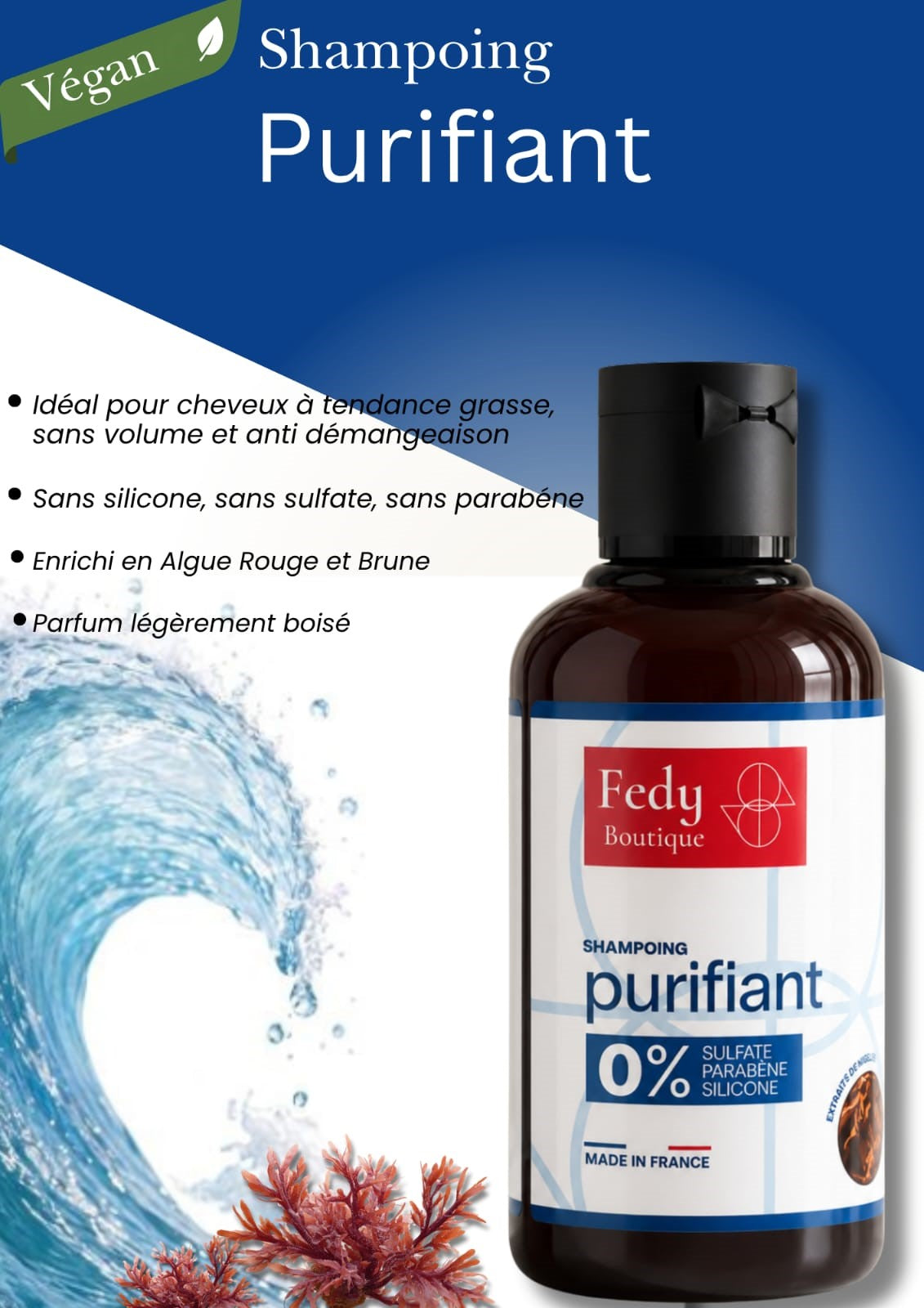 SHAMPOING Purifiant Algue Rouge et Brune, cheveux gras, flacon 200 ml