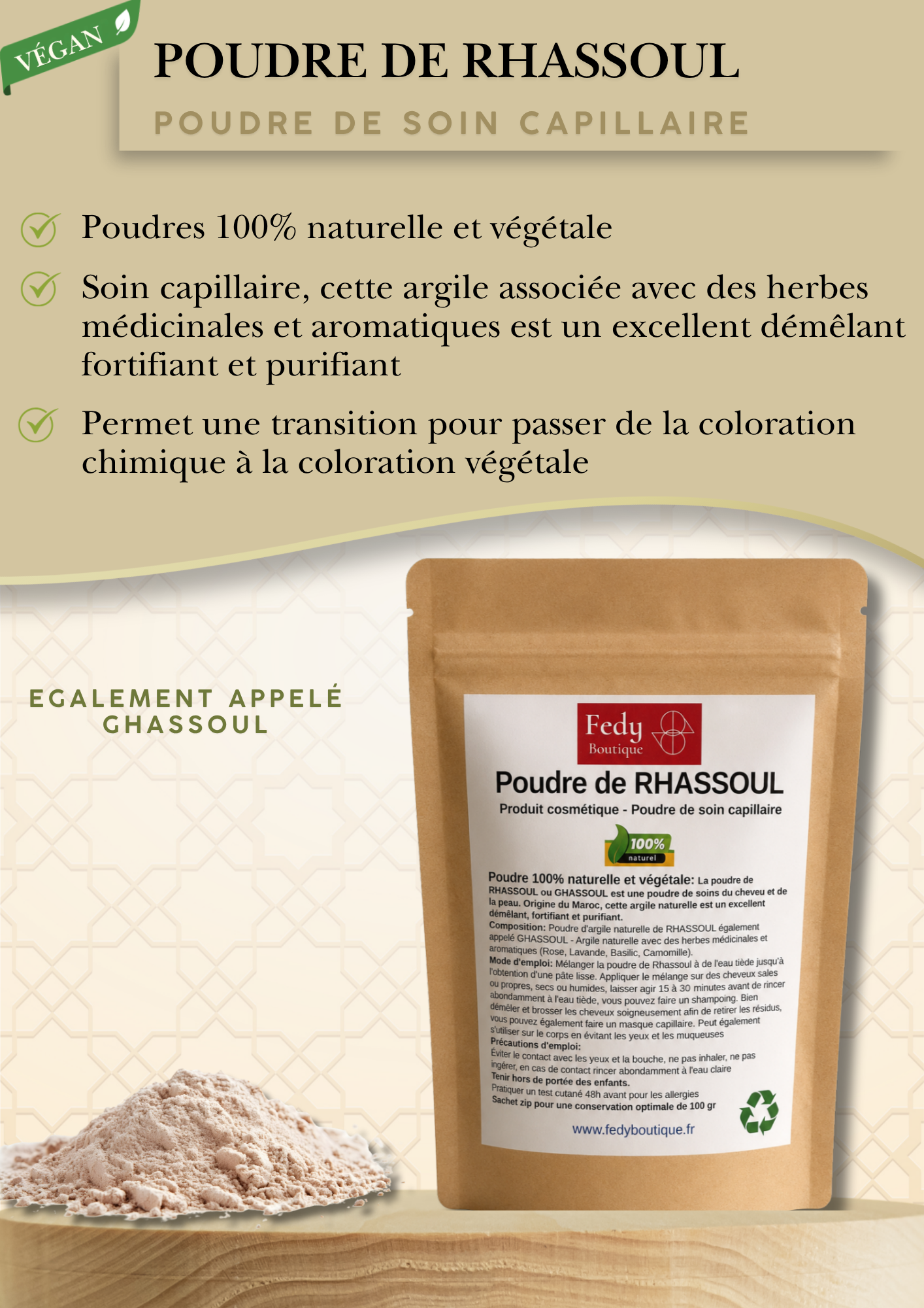RHASSOUL DU MAROC - Produit cosmétique - Sachet Zip de 100 gr