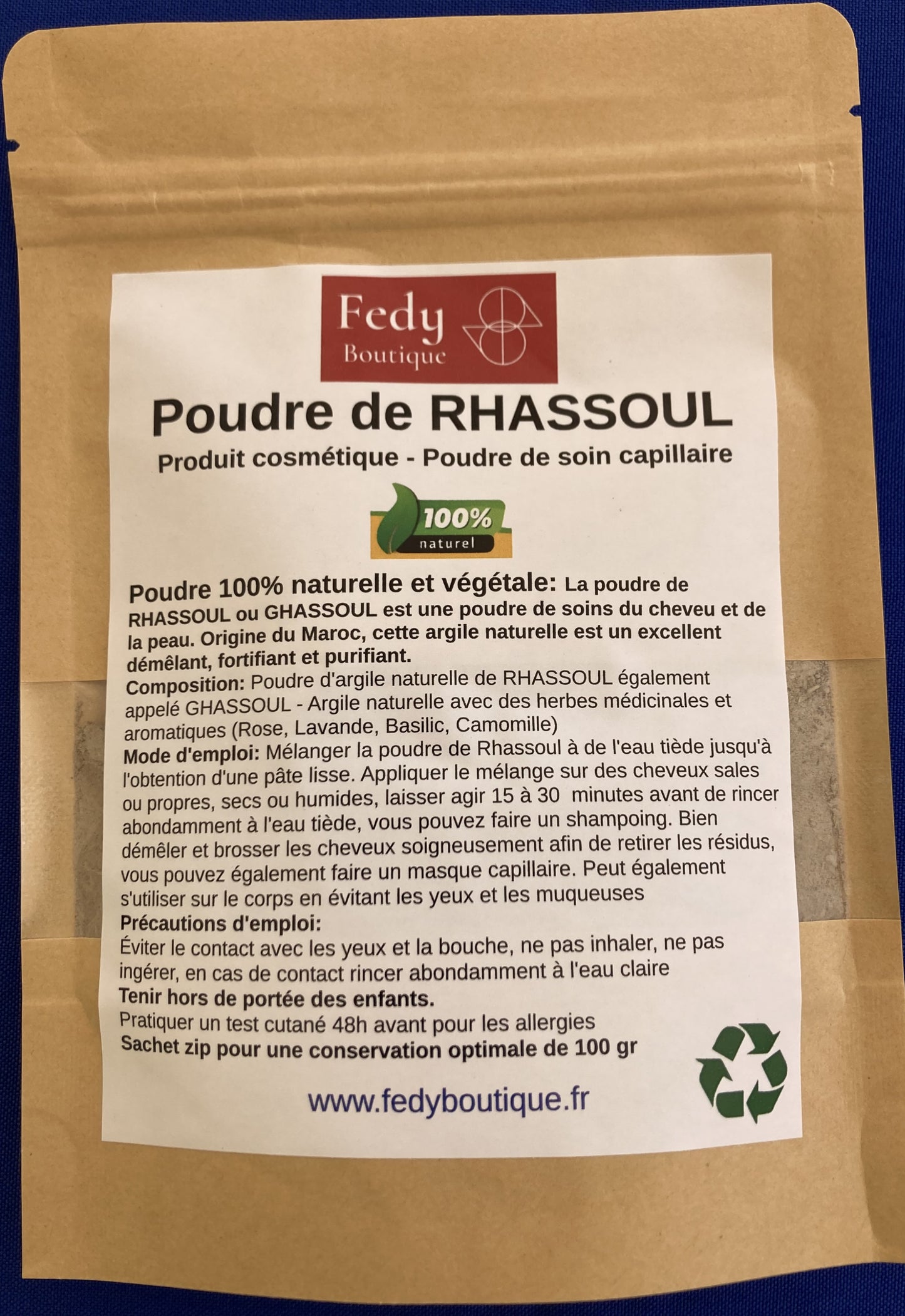 RHASSOUL DU MAROC - Produit cosmétique - Sachet Zip de 100 gr